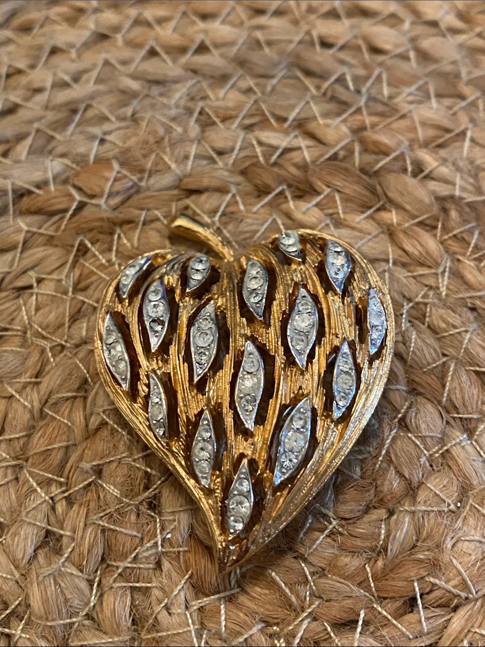 Vintage Gold-Tone Heart Leaf Brooch with Clear Crystal Accents
